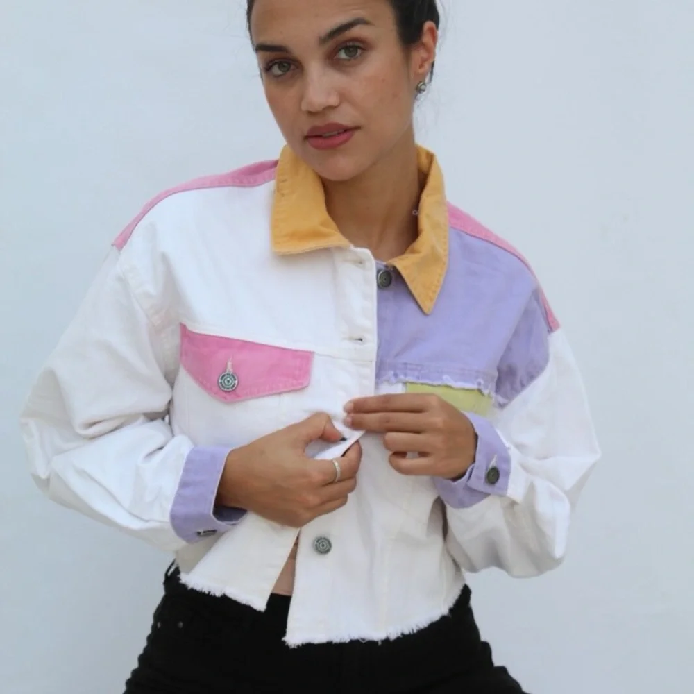 Bershka Color Block Women's Jean Jacket Cropped - Picture 1 of 9